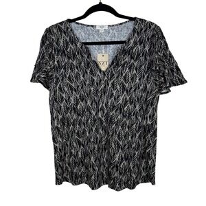 NZT Nic+Zoe Ruffle Sleeve V-Neck Linen Blend Leaf Print Top Black White Medium